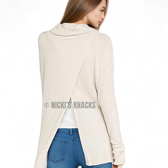 Free People Juicy Waffle Knit Thermal Top Cream Cowl Neck Oversized Fit Size XS - Picture 11 of 12